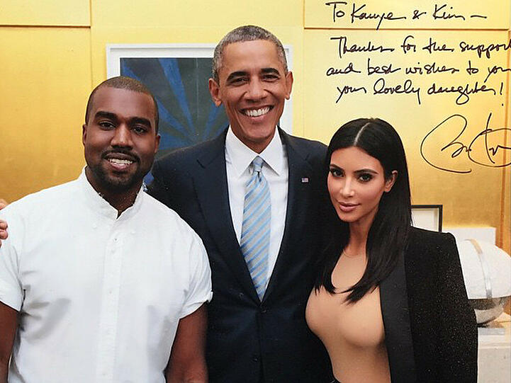 Kim Kardashian strahlt auf ihrem Instagram-Bild mit Ehemann Kanye West und US-Präsident Barack Obama um die Wette