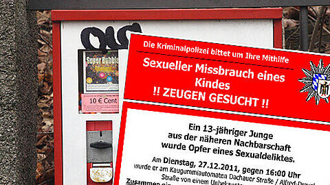 Mit Fahndungsplakaten rund um den Kaugummiautomaten fahndet die Polizei nach dem Täter.