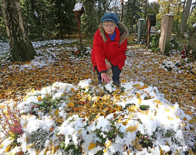 Anneliese Schedl steht fassungslos am Grab ihrer Tochter am Waldfriedhof: Die Diebe haben alles mitgenommen, was sie eingepflanzt hat.