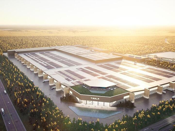 Das von Tesla zur Verfügung gestellte Handout zeigt eine graphische Darstellung der Tesla Gigafactory Berlin in Grünheide.