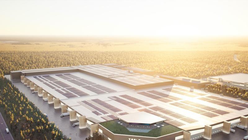 Das von Tesla zur Verfügung gestellte Handout zeigt eine graphische Darstellung der Tesla Gigafactory Berlin in Grünheide. Das von Tesla zur Verfügung gestellte Handout zeigt eine graphische Darstellung der Tesla Gigafactory Berlin in Grünheide.