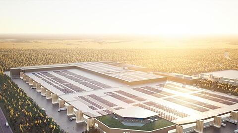 Das von Tesla zur Verfügung gestellte Handout zeigt eine graphische Darstellung der Tesla Gigafactory Berlin in Grünheide.