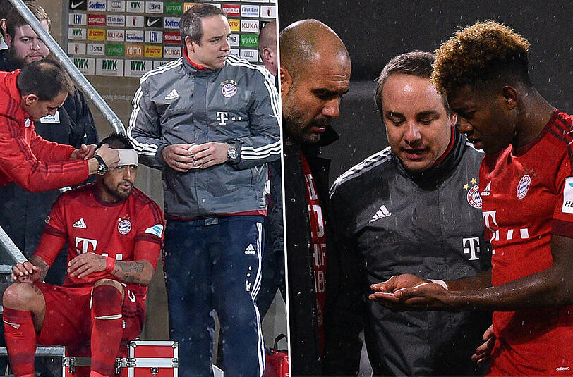 links: Arturo Vidal bekommt einen improvisierten Kopfverband angelegt. Rechts: David Alaba lässt seinen abgebrochenen Zahn begutachten.