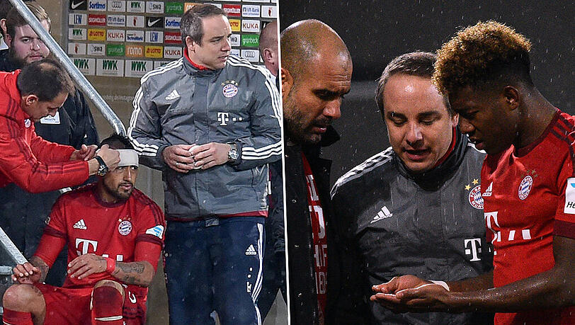 links: Arturo Vidal bekommt einen improvisierten Kopfverband angelegt. Rechts: David Alaba lässt seinen abgebrochenen Zahn begutachten. links: Arturo Vidal bekommt einen improvisierten Kopfverband angelegt. Rechts: David Alaba lässt seinen abgebrochenen Zahn begutachten.