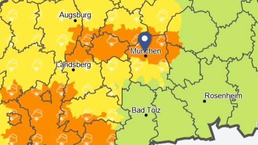 F&uuml;r den Dienstagvormittag gibt der Deutsche Wetterdienst f&uuml;r M&uuml;nchen eine amtliche Warnung vor starkem Gewitter aus.