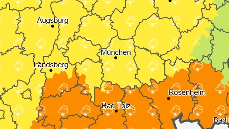 Für den Dienstag gibt der Deutsche Wetterdienst für den Süden Bayerns und München eine amtliche Warnung vor örtlich starken Gewittern aus. Für den Dienstag gibt der Deutsche Wetterdienst für den Süden Bayerns und München eine amtliche Warnung vor örtlich starken Gewittern aus.