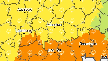 F&uuml;r den Dienstag gibt der Deutsche Wetterdienst f&uuml;r den S&uuml;den Bayerns und M&uuml;nchen eine amtliche Warnung vor &ouml;rtlich starken Gewittern aus.