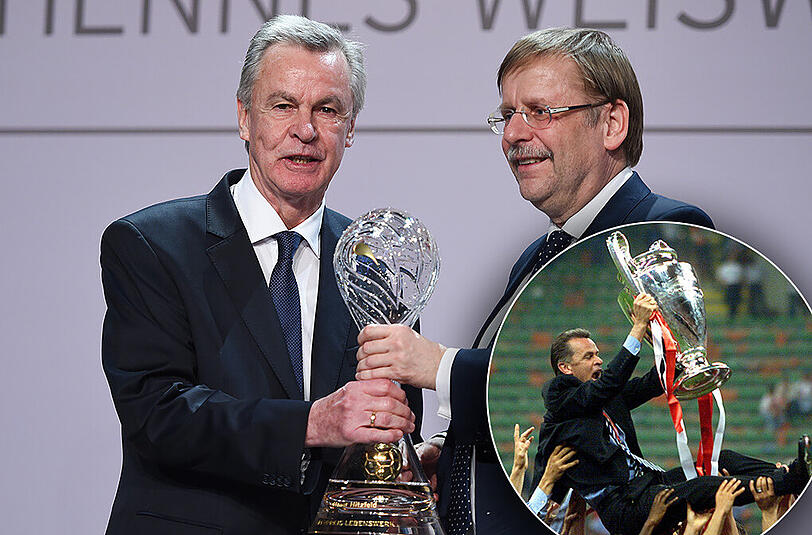 Ottmar Hitzfeld (l.) und Rainer Koch, der Geschäftsführende DFB-Präsident am Mittwoch bei der DFB-Trainergala in Frankfurt am Main. Der ehemalige Bayern-Trainer Hitzfeld erhielt eine Auszeichnung für sein Lebenswerk.