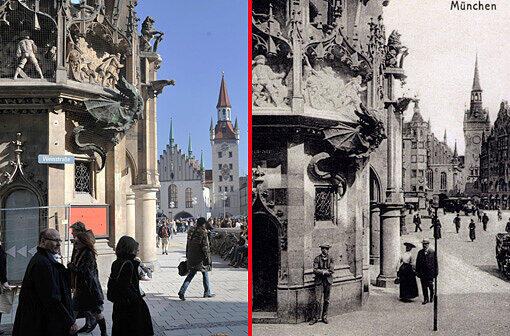 Hoher Wiedererkennungswert: Der Marienplatz hat sich auf dieser Ansicht gar nicht mal so sehr verändert. Die Häuser an der Südseite stammen zumeist aus der Wiederaufbauzeit aus den 50er Jahren &ndash; und die S- und U-Bahn-Schilder fallen auf.