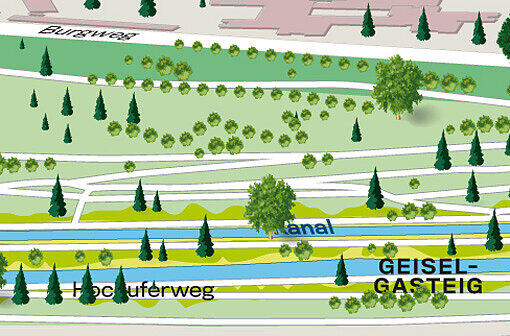 Geiselgasteig, Höhe Forsthausstraße: Schnurgerade geht&rsquo;s links der Isar am isarwerkkanal entlang.