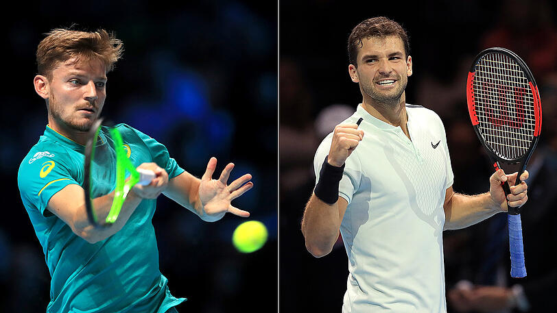 Der Bulgare Grigor Dimitrow (rechts) bezwang den Belgier David Goffin in der Gruppenphase der ATP-WM deutlich in zwei Sätzen.