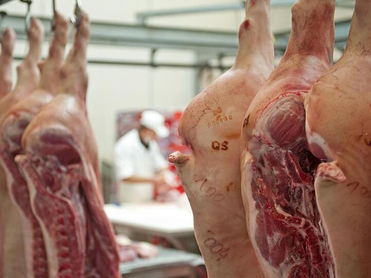 Das Symbolfoto zeigt Schweinehälften in einer Großfleischerei.