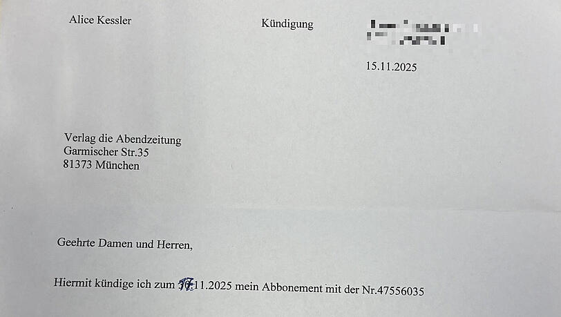 Mit diesem Schreiben hat Alice Kessler kurz vor ihrem Tod das Abonnement der Abendzeitung gekündigt. Mit diesem Schreiben hat Alice Kessler kurz vor ihrem Tod das Abonnement der Abendzeitung gekündigt.