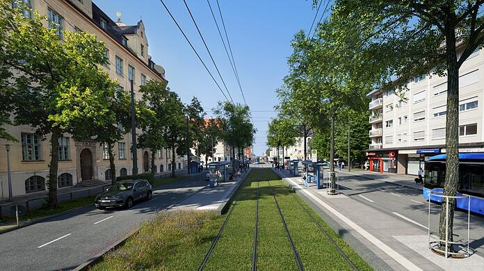 So soll die Fürstenrieder Straße einmal aussehen, wenn das Rasengleis in der Mitte fertig ist. So soll die Fürstenrieder Straße einmal aussehen, wenn das Rasengleis in der Mitte fertig ist.