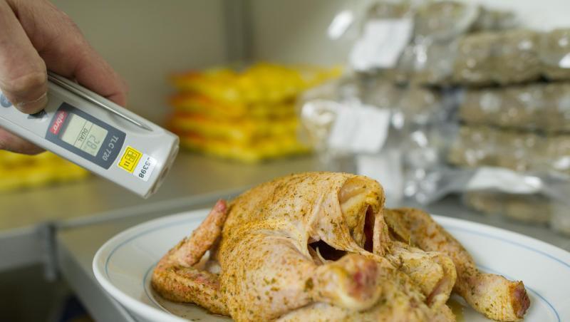 Ein Lebensmittelkontrolleur überprüft bei einer Betriebskontrolle die Temperatur eines Hähnchens. Foto: Uwe Anspach/Archiv
