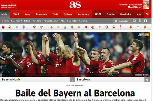 Die Sportzeitung "As" titelt: "Bayern tanzt mit Barcelona"