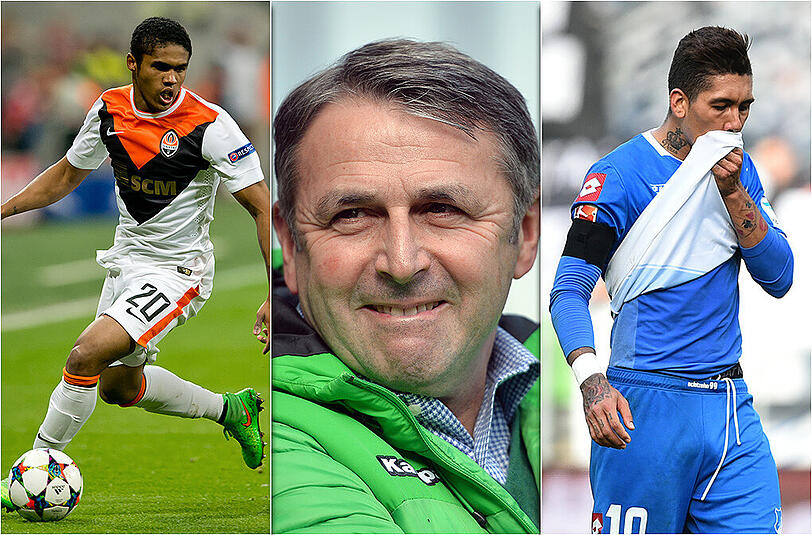 Wolfsburgs Manager Klaus Allofs (m.) zum Firmino-Liverpool-Transfer (r.): Man müsse sich wohl "an andere Zahlen gewöhnen". Links im Bild: Der mögliche Bayern-Neuzugang Douglas Costa.