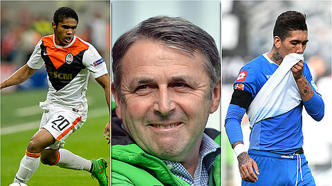 Wolfsburgs Manager Klaus Allofs (m.) zum Firmino-Liverpool-Transfer (r.): Man müsse sich wohl "an andere Zahlen gewöhnen". Links im Bild: Der mögliche Bayern-Neuzugang Douglas Costa.