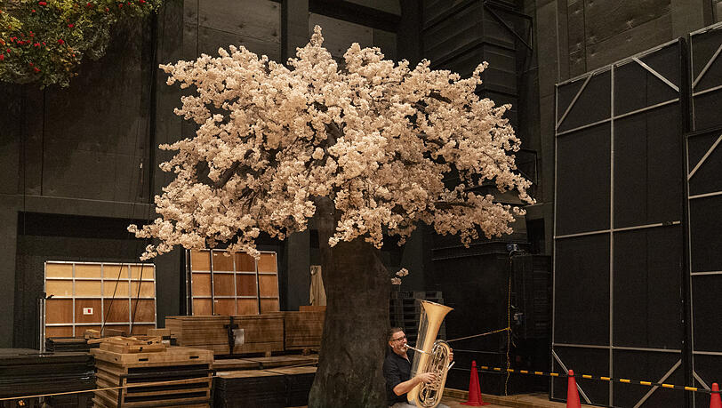 Der Konzertsaal in Osaka wird auch als Opernhaus genutzt. Hier der Tubist Stefan Tischler vor einem Baum aus "Madame Butterfly". Der Konzertsaal in Osaka wird auch als Opernhaus genutzt. Hier der Tubist Stefan Tischler vor einem Baum aus "Madame Butterfly".
