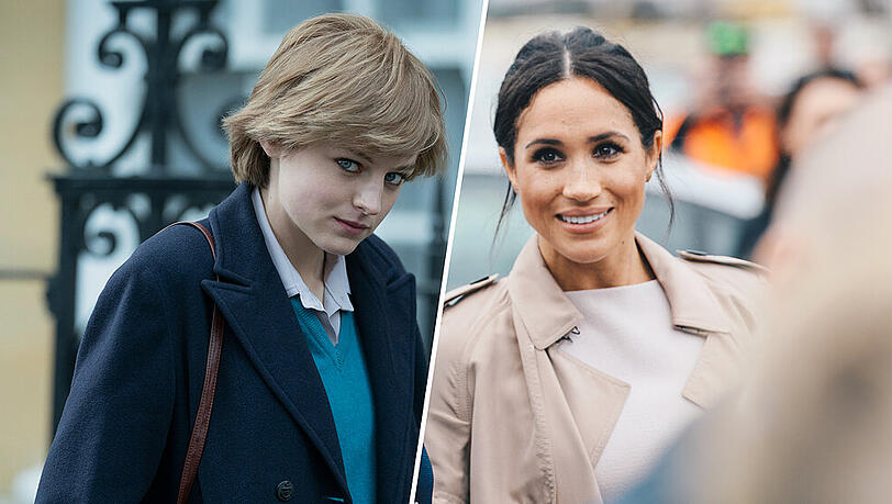 Emma Corrin (l., in ihrer Rolle als Lady Di) sieht Gemeinsamkeiten zwischen der verstorbenen Prinzessin und Herzogin Meghan. Emma Corrin (l., in ihrer Rolle als Lady Di) sieht Gemeinsamkeiten zwischen der verstorbenen Prinzessin und Herzogin Meghan.