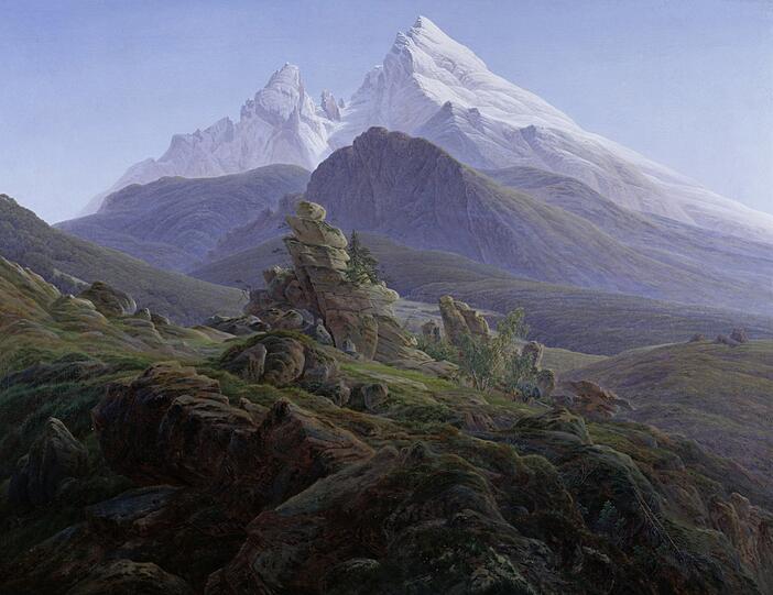 Groß und mächtig, schicksalsträchttig: Caspar David Friedrich hat den Watzmann nie in natura gesehen, aber um 1824/25 ein eindrucksvolles Gemälde geschaffen. Wer das Gebirge kennt, sieht sofort, dass da manches im vorderen Bereich nicht stimmt.