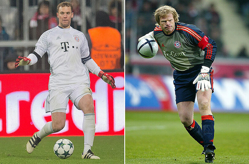 Oliver Kahn (rechts) spielte von 1994 bis 2008 für den FC Bayern, Manuel Neuer steht seit 2011 im Tor des FC Bayern - sein Vertrag läuft bis 2021.