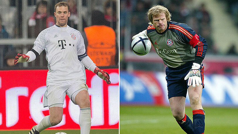 Oliver Kahn (rechts) spielte von 1994 bis 2008 für den FC Bayern, Manuel Neuer steht seit 2011 im Tor des FC Bayern - sein Vertrag läuft bis 2021. Oliver Kahn (rechts) spielte von 1994 bis 2008 für den FC Bayern, Manuel Neuer steht seit 2011 im Tor des FC Bayern - sein Vertrag läuft bis 2021.