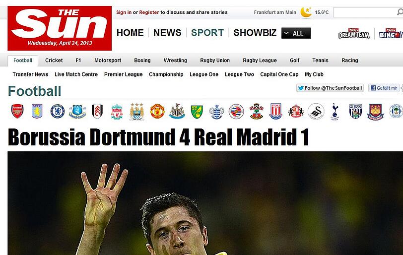 "TheSun.co.uk" bringt's trocken auf den Punkt: "Borussia Dortmund 4 Real Madrid 1", lautet die Schlagzeile.