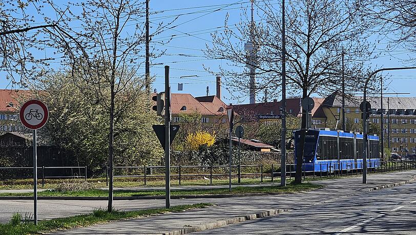 Die Tram auf dem Weg zur Station Westfriedhof. Hinter den Kleing&auml;rten sieht man Borstei und Olympiaturm.