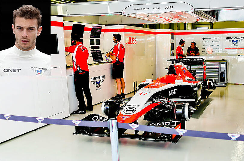 Fahrbereit steht dieser Formel-1-Bolide in der Box von Marussia. Aus Respekt vor dem schwer verletzten Jules Bianchi (kleines Bild) kommt der Rennwagen beim Grand Prix von Russland jedoch nicht zum Einsatz.
