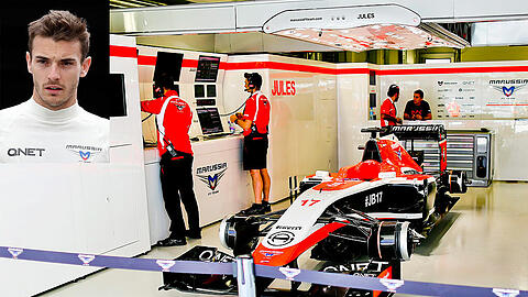 Fahrbereit steht dieser Formel-1-Bolide in der Box von Marussia. Aus Respekt vor dem schwer verletzten Jules Bianchi (kleines Bild) kommt der Rennwagen beim Grand Prix von Russland jedoch nicht zum Einsatz.