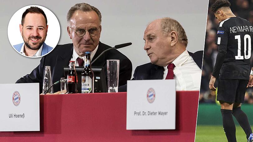 Erfolgreich, nicht erfolgreich: Karl-Heinz Rummenigge (li.), Uli Hoeneß (Mi.) mit dem FC Bayern, statt Neymar mit PSG.