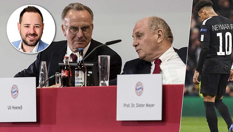 Erfolgreich, nicht erfolgreich: Karl-Heinz Rummenigge (li.), Uli Hoeneß (Mi.) mit dem FC Bayern, statt Neymar mit PSG. Erfolgreich, nicht erfolgreich: Karl-Heinz Rummenigge (li.), Uli Hoeneß (Mi.) mit dem FC Bayern, statt Neymar mit PSG.