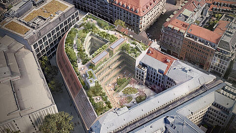 So soll der Neubau am Singer-Haus von oben aussehen. Es wird eine Dachterrasse geplant.