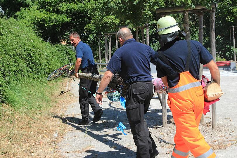 Die Feuerwehr hat beim Aufbau der Skulptur "Lebe" geholfen. Am Freitag um 16 Uhr wird das Kunstwerk enthüllt.