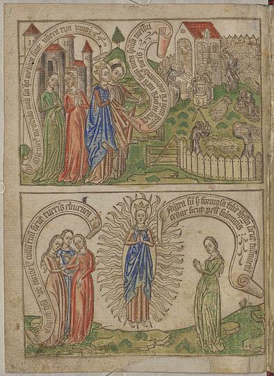 Die erste Tafel des Blockbuchs des "Hohenlieds", entstanden in den Niederlande um 1465. Das Hohelied ist Bestandteil des Alten Testaments und wird König Salomo zugeschrieben.