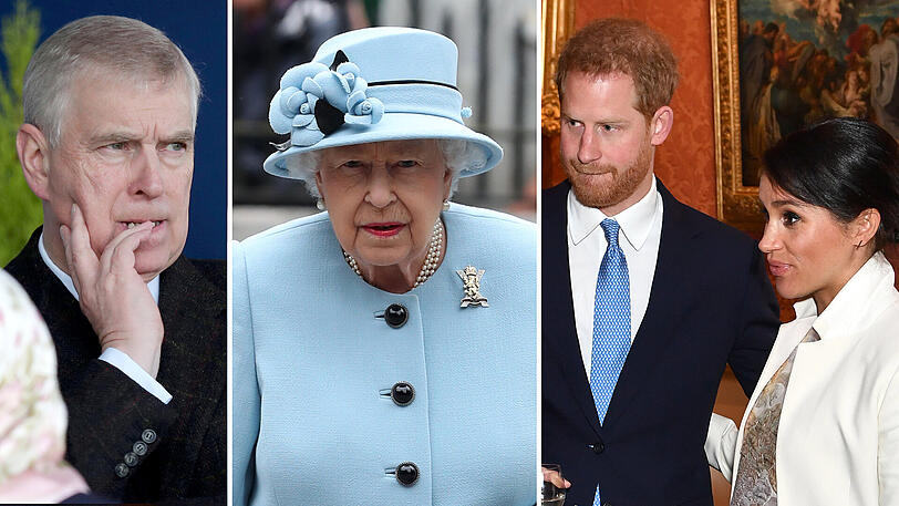 Bereiten der Queen Sorgen: Ihr Sohn Andrew (li.) sowie Enkel Harry und Ehefrau Meghan
