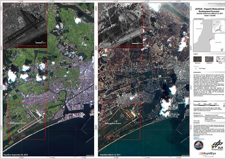 Das Gebiet um Higashi-Matsushima am 5. September 2010 und nach dem Beben am 12. März 2011.