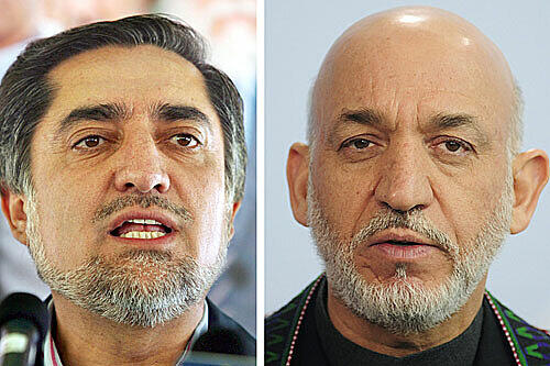 Abdullah Abdullah, Kandidat für das Präsidentenamt in Afghanistan und der Präsident Afghanistans, Hamid Karsai