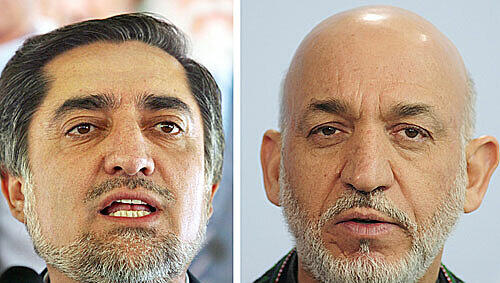 Abdullah Abdullah, Kandidat für das Präsidentenamt in Afghanistan und der Präsident Afghanistans, Hamid Karsai Abdullah Abdullah, Kandidat für das Präsidentenamt in Afghanistan und der Präsident Afghanistans, Hamid Karsai