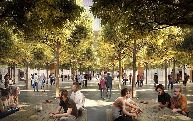 Der Georg-Kronawitter-Platz im Sommer: Ein grünes Dach soll Schatten spenden.