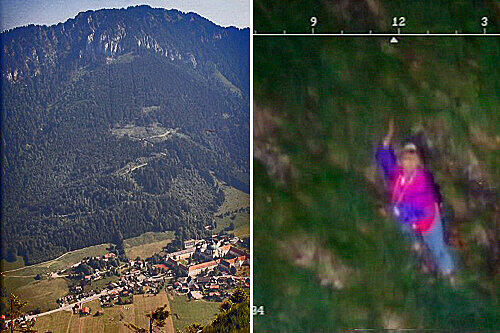 Im Gebiet um den Ochsenspitz (1515 Meter, links) verirrte sich die 68-jährige Münchnerin. Das Bild rechts stammt aus der Videoaufnahme des Rettungshelikopters.