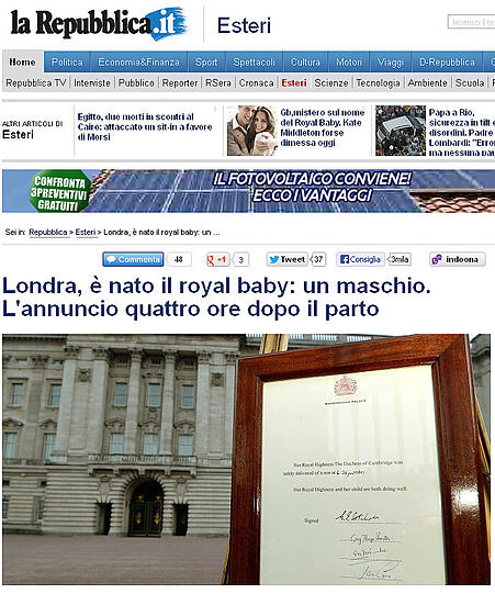 "La Repubblica" aus Italien schreibt: "In London ist das königliche Baby geboren: ein Sohn. Die Verkündung kam vier Stunden nach der Geburt"