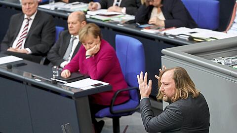 Anton Hofreiter (v.r.n.l.) im Bundestag in Berlin - neben Kanzlerin Angela Merkel, Finanzminister Olaf Scholz und Innenminister Horst Seehofer.