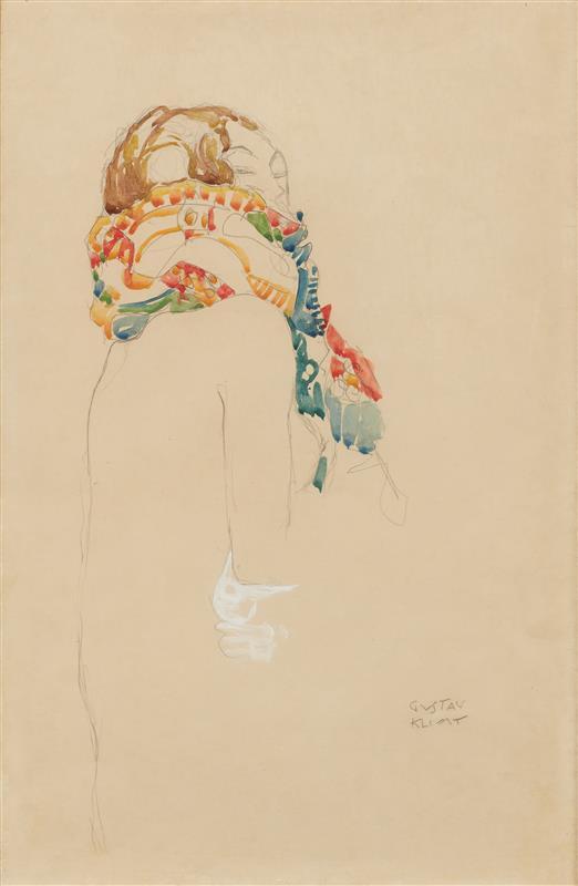 Dieses signierte Aquarell von Gustav Klimt, ein sitzender Halbakt mit Schal (50 x 32,5 cm, entstanden 1916-17) hat einen Schätzpreis von 12.000 bis 18.000 Euro. Dieses signierte Aquarell von Gustav Klimt, ein sitzender Halbakt mit Schal (50 x 32,5 cm, entstanden 1916-17) hat einen Schätzpreis von 12.000 bis 18.000 Euro.