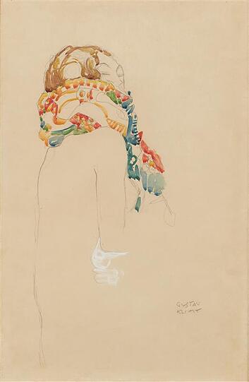 Dieses signierte Aquarell von Gustav Klimt, ein sitzender Halbakt mit Schal (50 x 32,5 cm, entstanden 1916-17) hat einen Schätzpreis von 12.000 bis 18.000 Euro.
