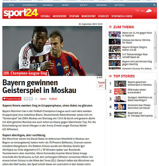 "Bayern gewinnen geisterspiel in Moskau", schreibt das österreichische Sportportal Sport.oe24.at - und zeigt Landsmann David Alaba.