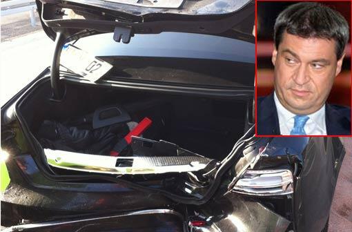 Der Audi A8 nach dem Unfall auf der A9: Finanzminister Markus Söder (kl. Foto) wurde aber nur leicht verletzt.