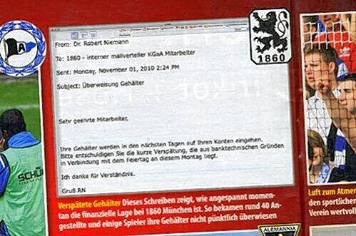 Ein Ausriss aus der aktuellen &bdquo;Sport-Bild&ldquo;: Geschäftsführer Niemann informiert über verspätete Gehaltszahlungen beim TSV 1860.