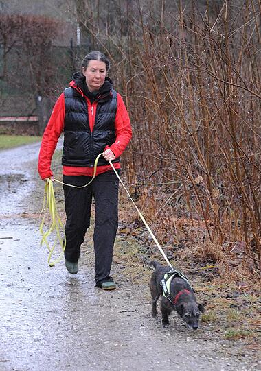 Rommy hat die Spur von Chester aufgenommen und zieht Frauchen Andrea Thiess-Blanke.